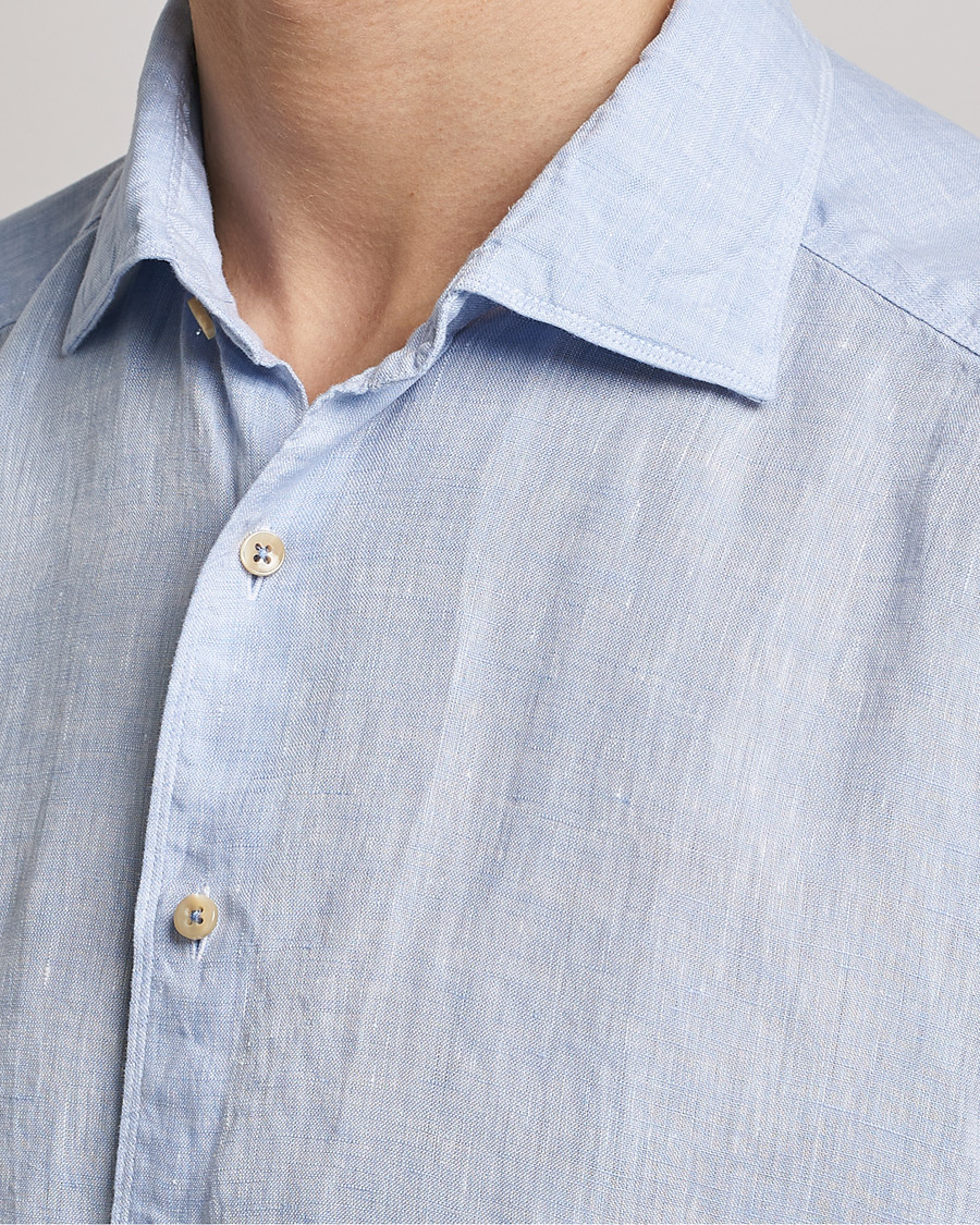 Uomini | Camicie | Stenströms | Slimline Cut Away Short Sleeve Linen Shirt Light Blue