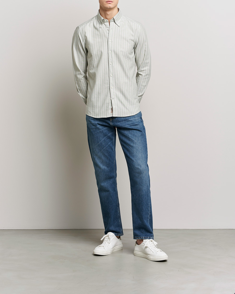 Uomini | Camicie | Stenströms | Slimline Washed Striped Oxford Shirt  Pistachio