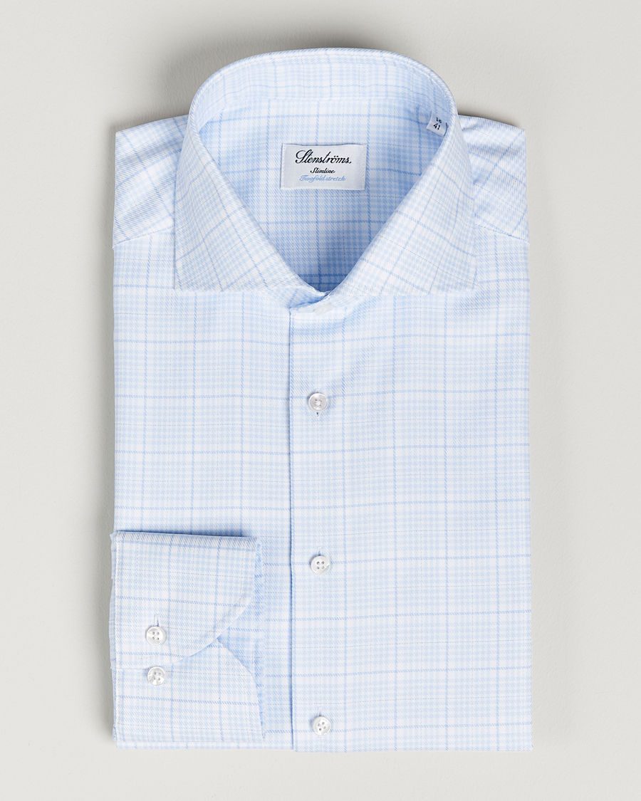 Uomini | Camicie | Stenströms | Slimline Multicheck Cut Away Shirt Light Blue