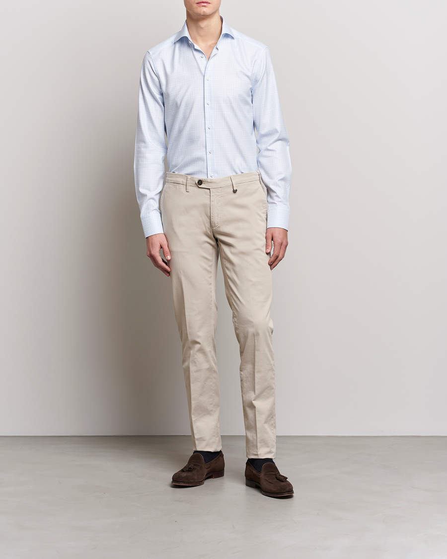 Uomini | Camicie | Stenströms | Slimline Multicheck Cut Away Shirt Light Blue