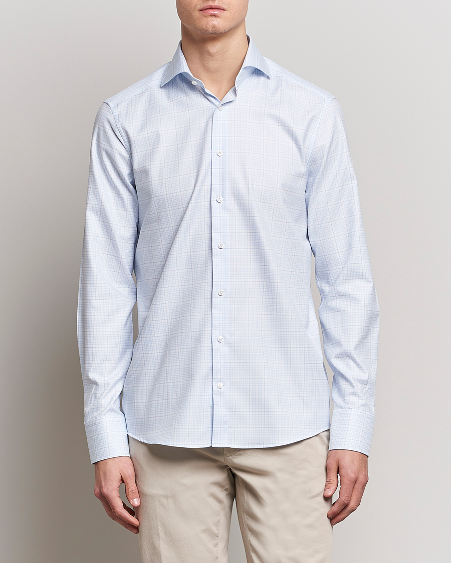 Uomini | Camicie | Stenströms | Slimline Multicheck Cut Away Shirt Light Blue