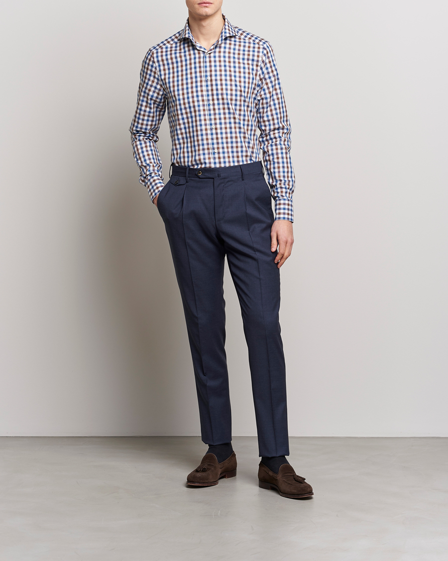 Uomini | Camicie | Stenströms | Slimline Cut Away Gingham Shirt Brown/Blue