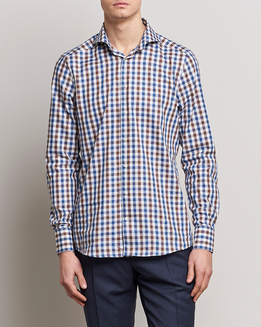 Uomini | Camicie | Stenströms | Slimline Cut Away Gingham Shirt Brown/Blue