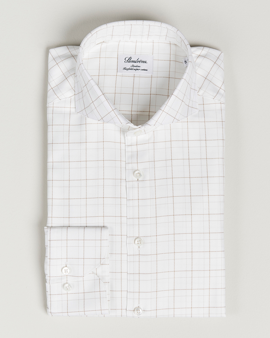 Uomini | Camicie | Stenströms | Slimline Cut Away Windowpane Shirt White/Beige