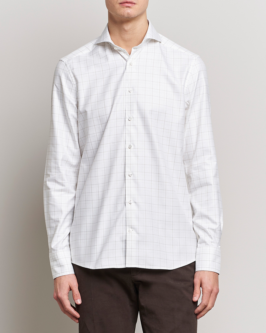 Uomini | Camicie | Stenströms | Slimline Cut Away Windowpane Shirt White/Beige