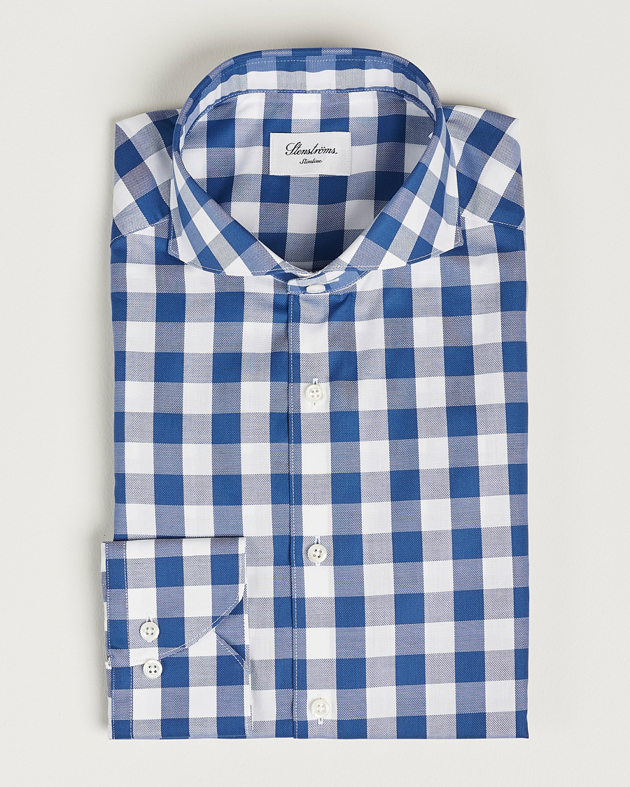 Uomini | Camicie | Stenströms | Slimline Cut Away Large Gingham Shirt Blue