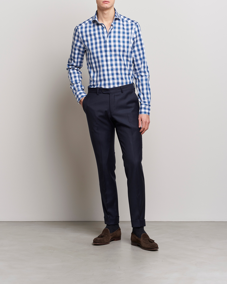 Uomini | Camicie | Stenströms | Slimline Cut Away Large Gingham Shirt Blue