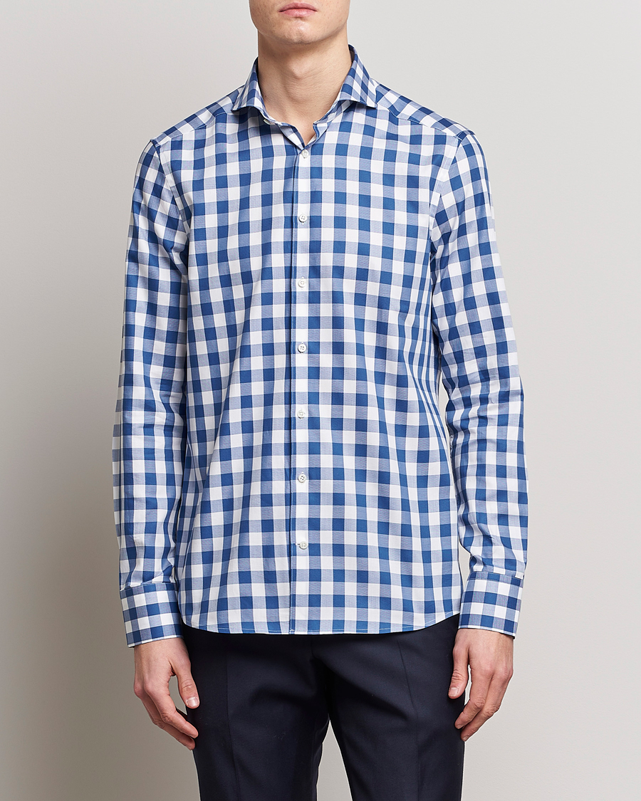 Uomini | Camicie | Stenströms | Slimline Cut Away Large Gingham Shirt Blue