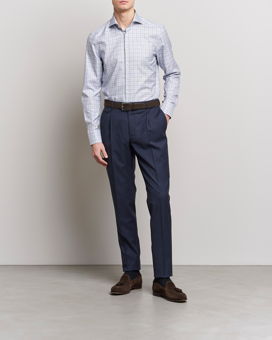 Uomini | Camicie | Stenströms | Slimline Cut Away Multicheck Shirt Blue