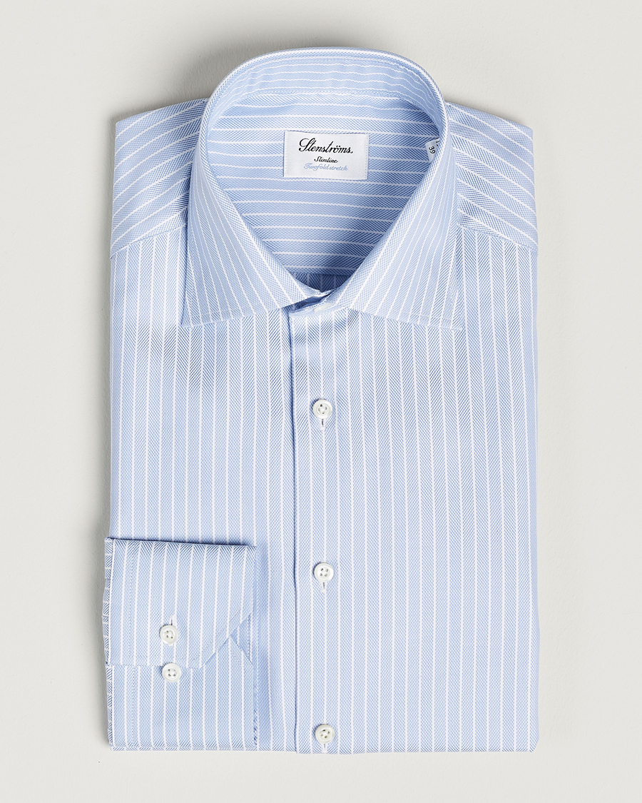Uomini | Camicie | Stenströms | Slimline Cut Away Herringbone Striped Shirt Blue