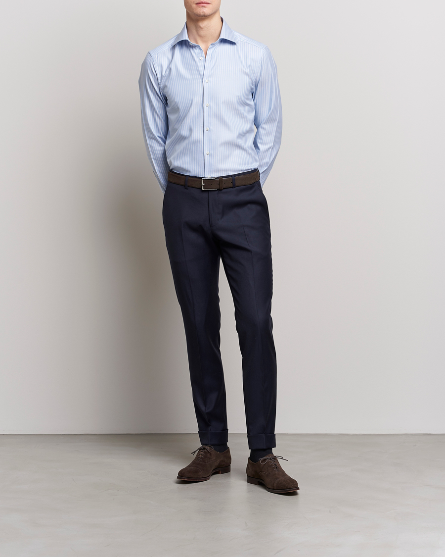 Uomini | Camicie | Stenströms | Slimline Cut Away Herringbone Striped Shirt Blue
