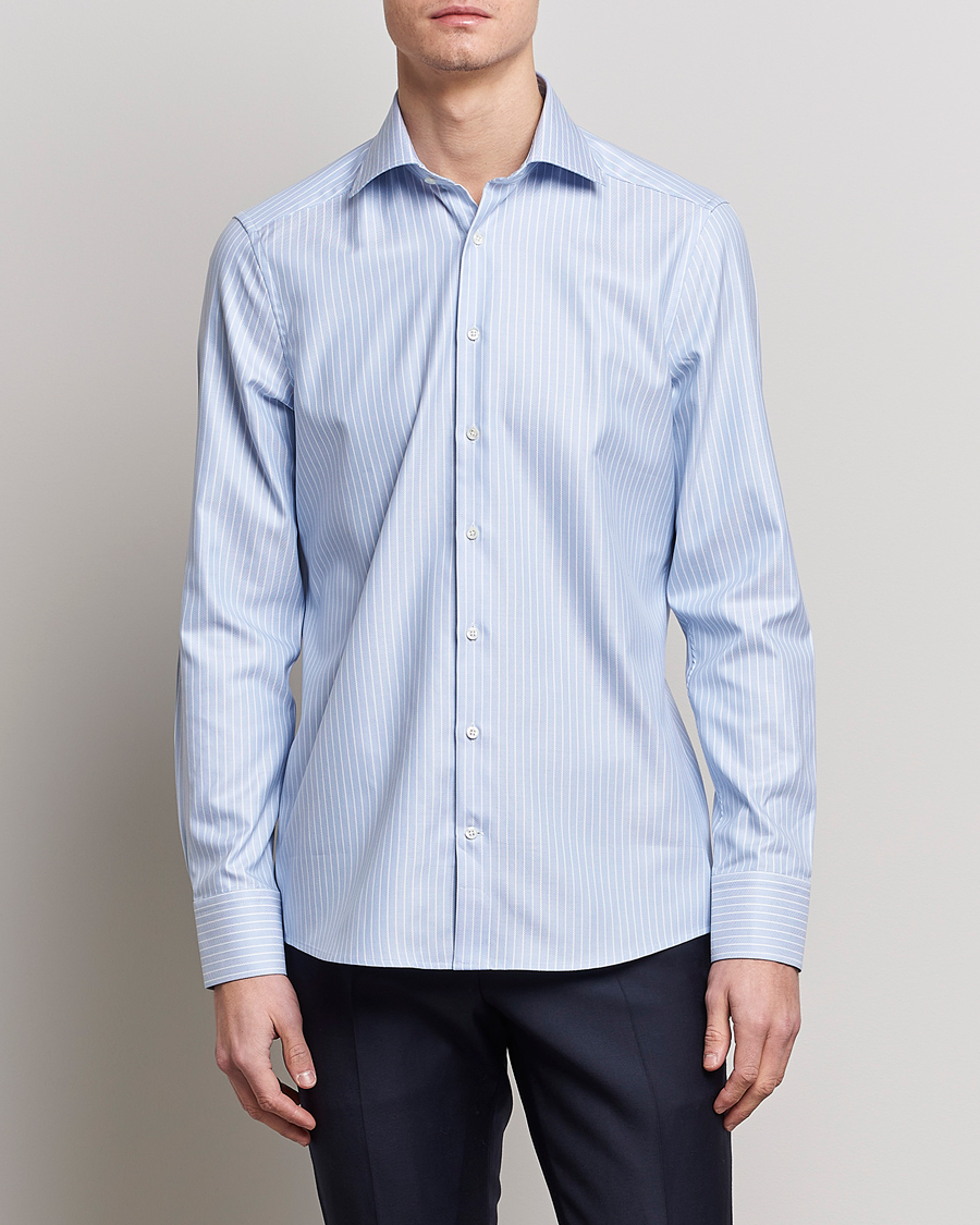 Uomini | Camicie | Stenströms | Slimline Cut Away Herringbone Striped Shirt Blue