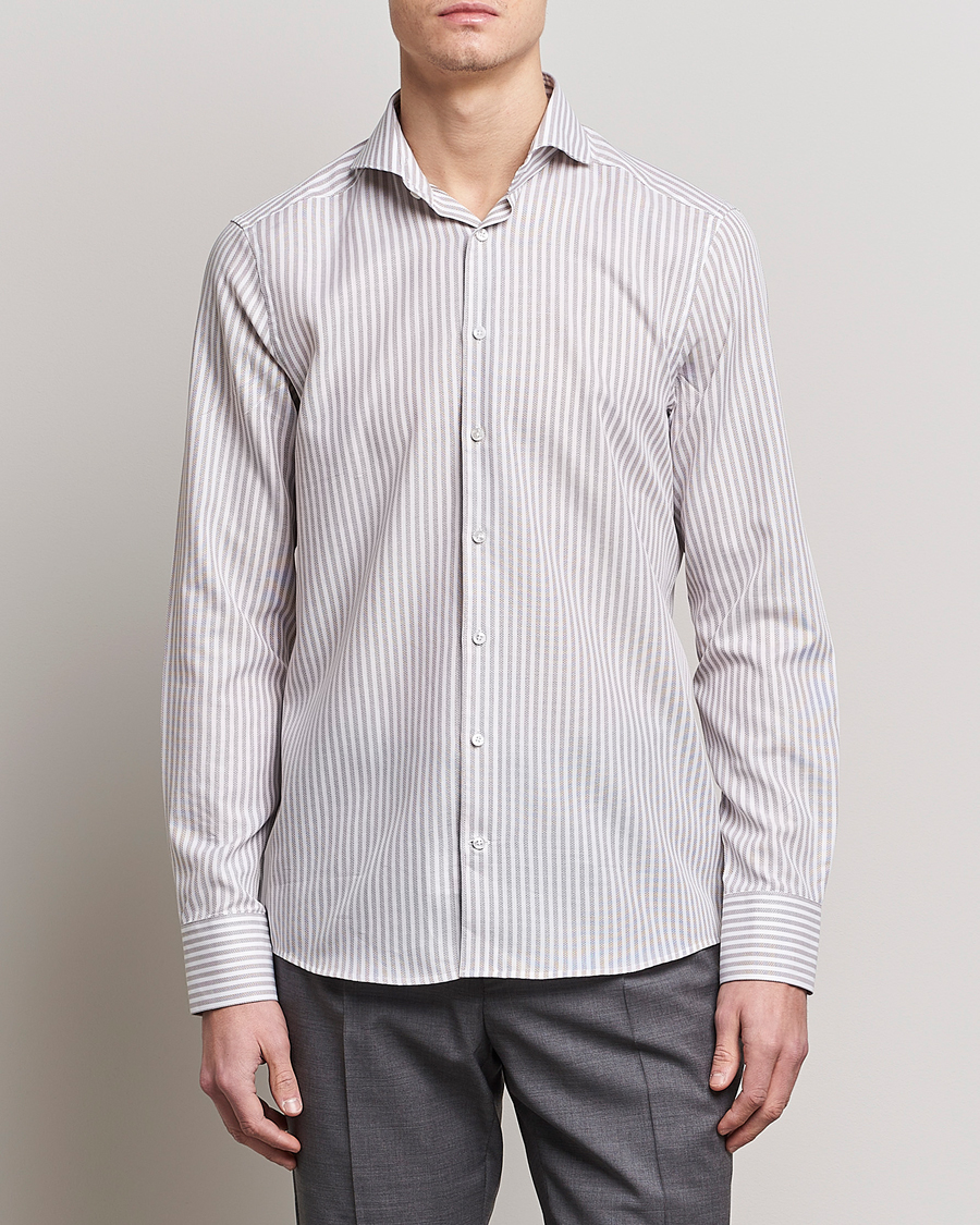 Uomini | Camicie | Stenströms | Slimline Cut Away Structure Striped Shirt Brown