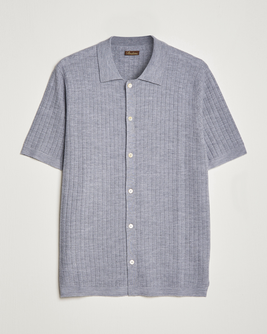 Uomini | Polo | Stenströms | Merino/Lyocell Ribbed Buttoned Polo Shirt Grey