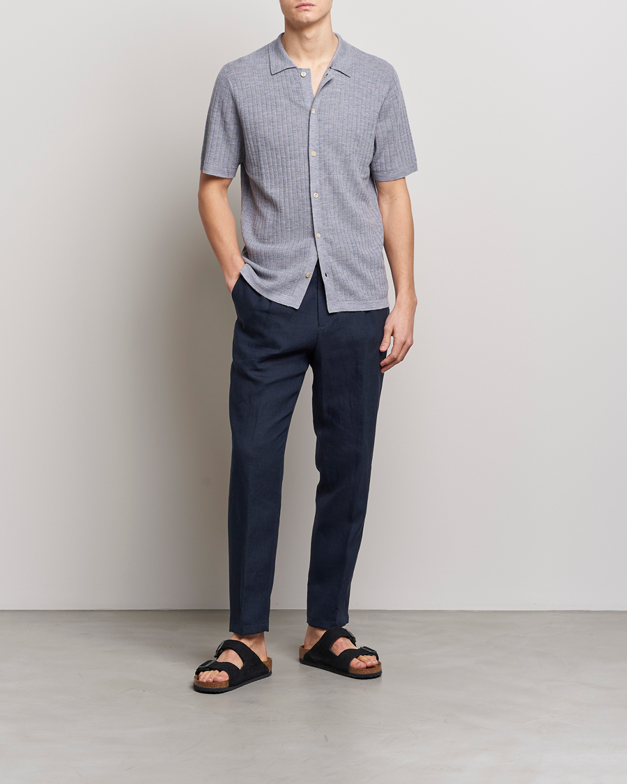 Uomini | Polo | Stenströms | Merino/Lyocell Ribbed Buttoned Polo Shirt Grey