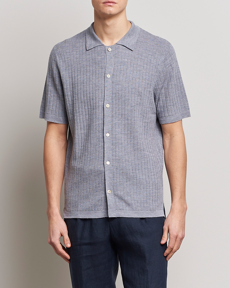 Uomini | Polo | Stenströms | Merino/Lyocell Ribbed Buttoned Polo Shirt Grey