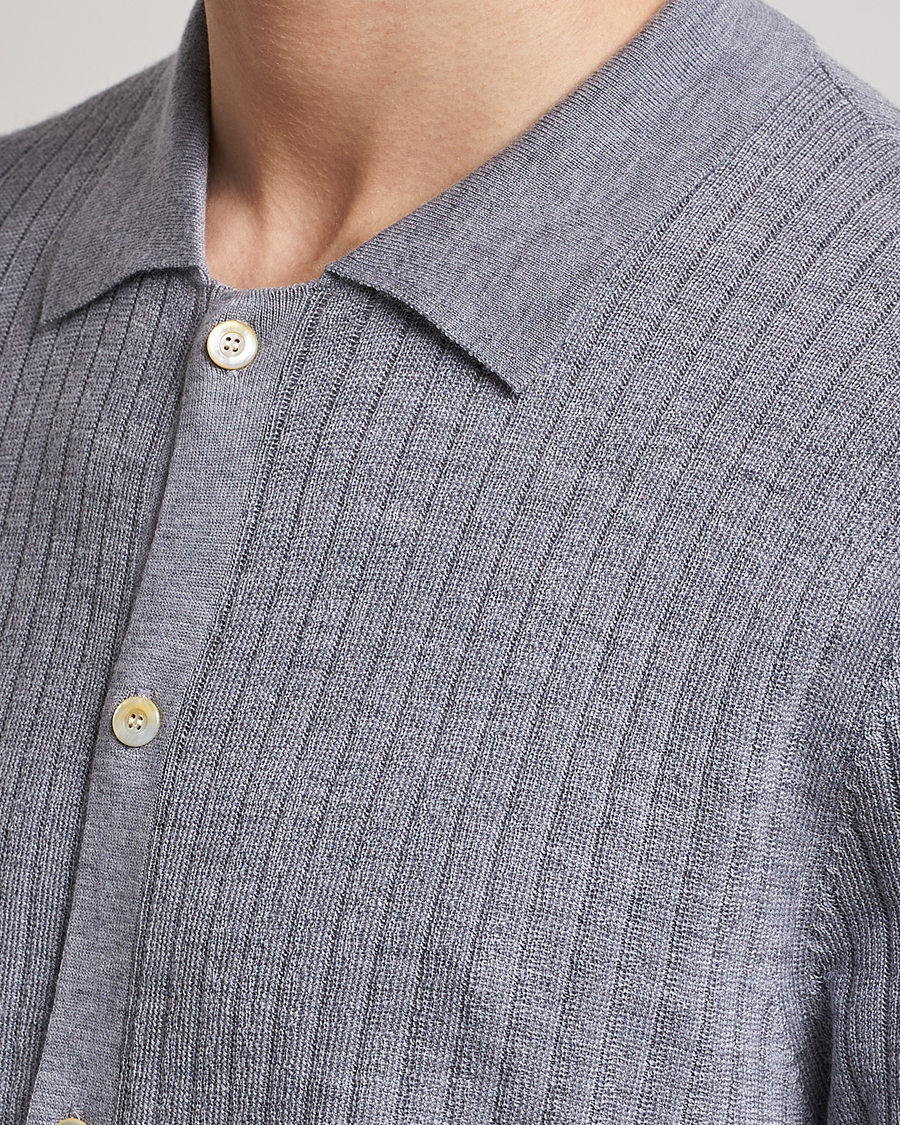 Uomini | Polo | Stenströms | Merino/Lyocell Ribbed Buttoned Polo Shirt Grey