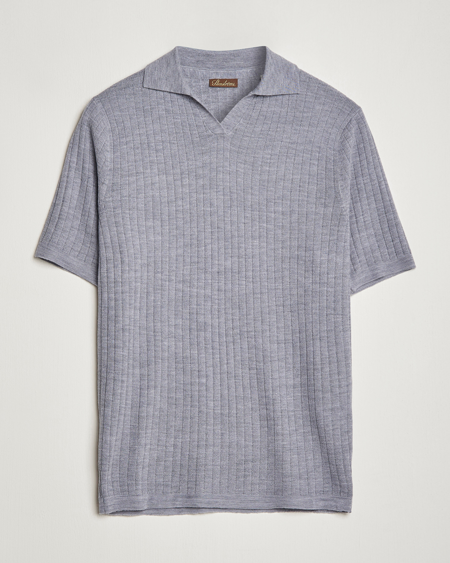Uomini | Polo | Stenströms | Merino/Lyocell Ribbed Open Collar Polo Grey