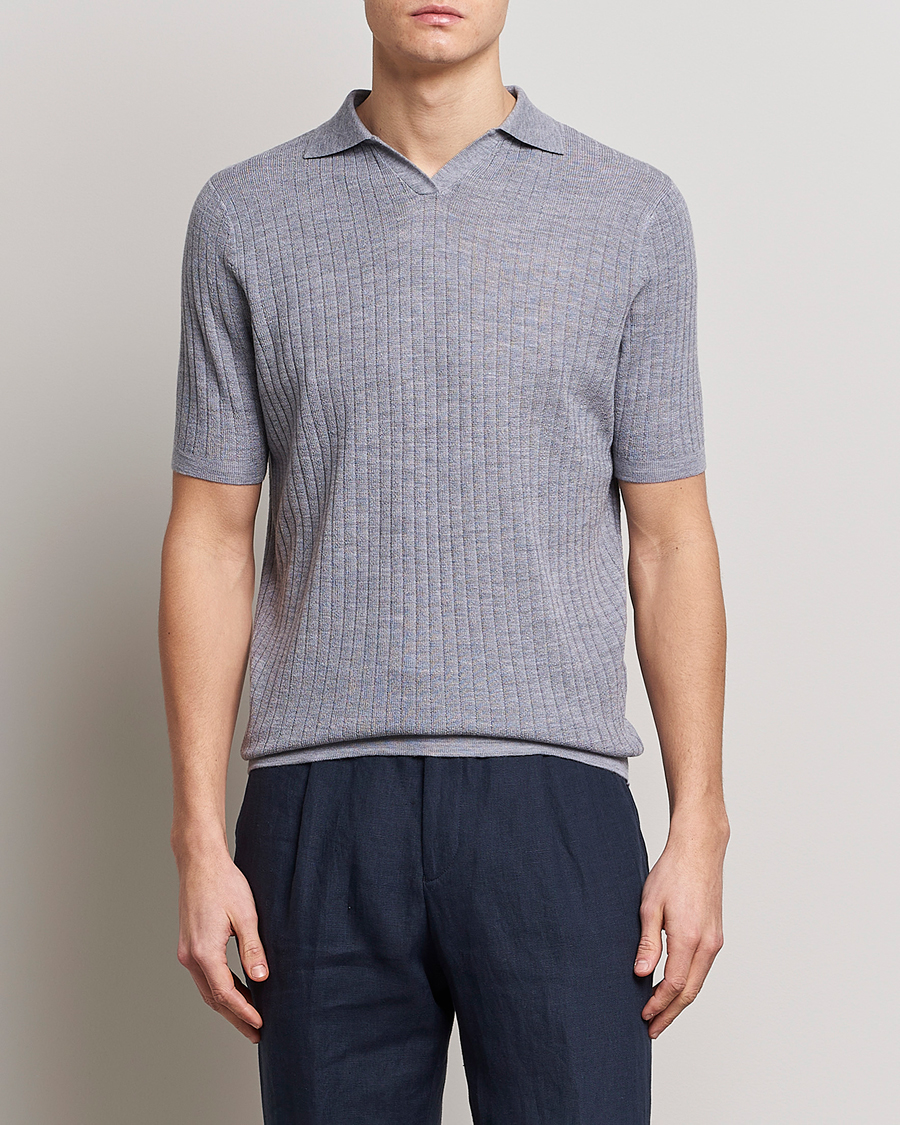 Uomini | Polo | Stenströms | Merino/Lyocell Ribbed Open Collar Polo Grey