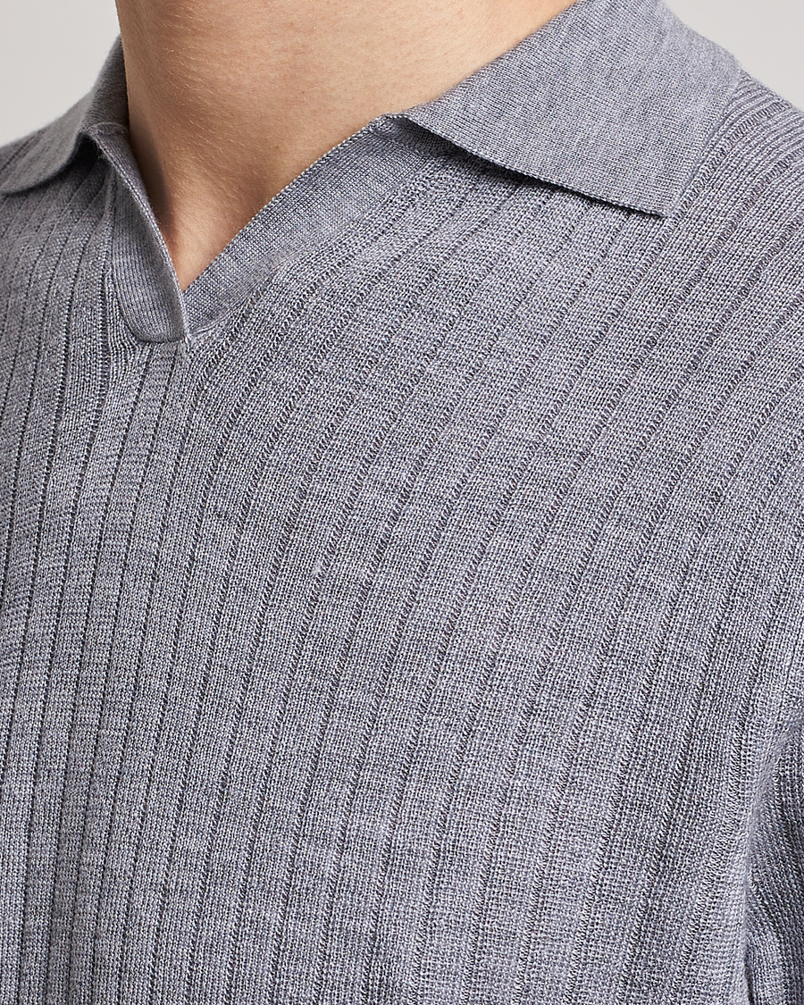 Uomini | Polo | Stenströms | Merino/Lyocell Ribbed Open Collar Polo Grey