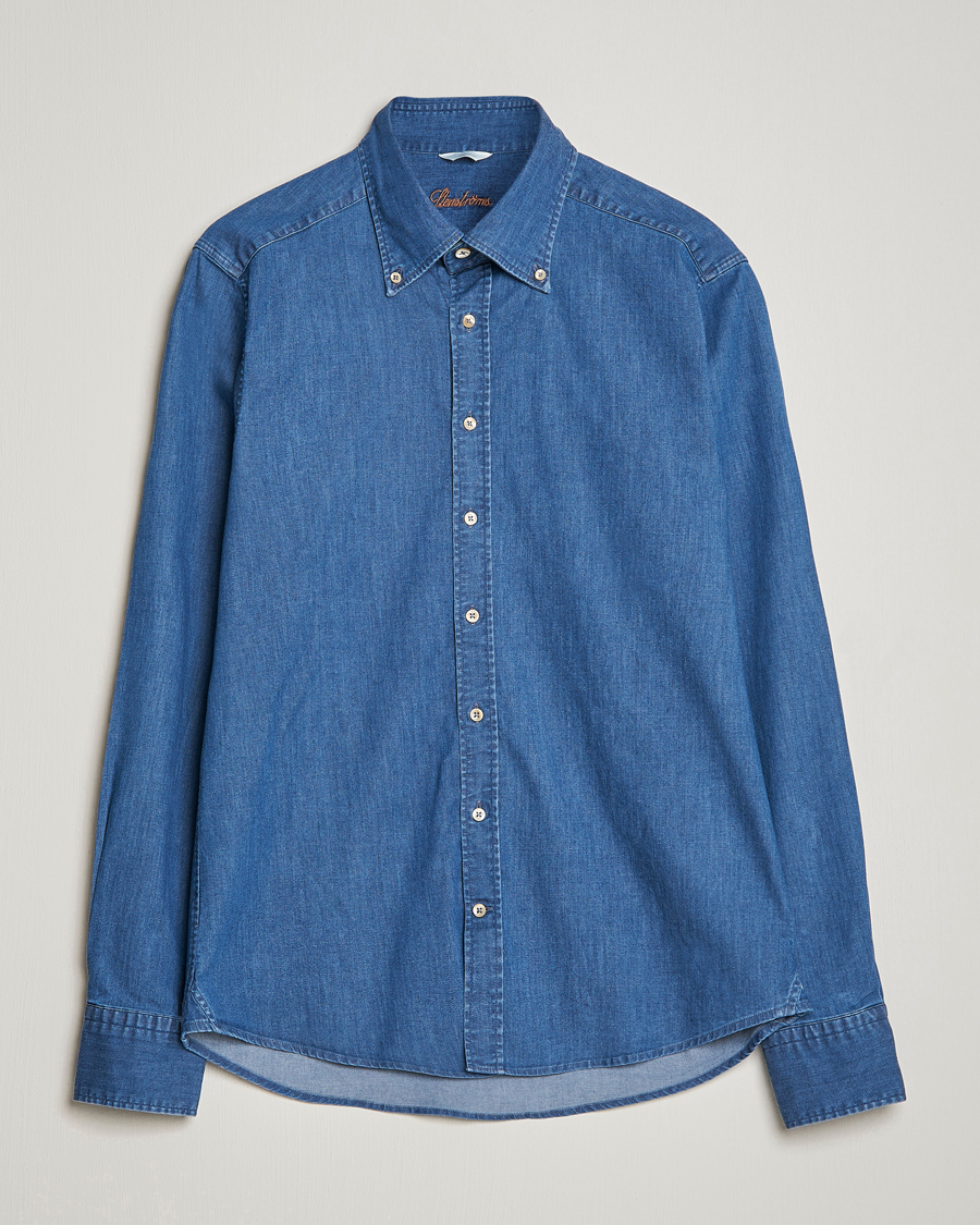 Uomini | Camicie | Stenströms | Slimline Button Down Garment Washed Shirt Mid Blue Denim