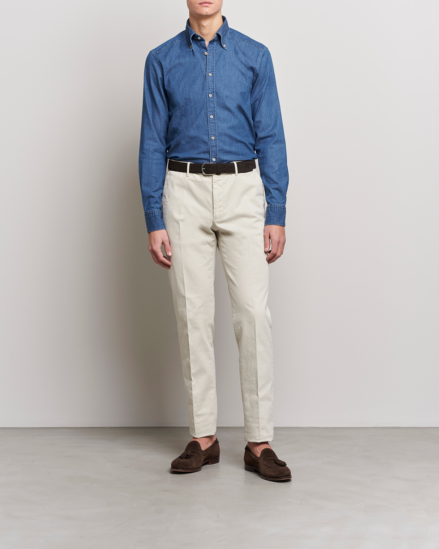 Uomini | Camicie | Stenströms | Slimline Button Down Garment Washed Shirt Mid Blue Denim