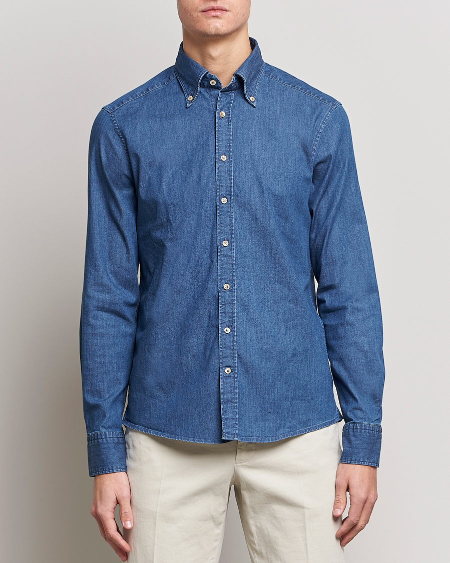 Uomini | Camicie | Stenströms | Slimline Button Down Garment Washed Shirt Mid Blue Denim
