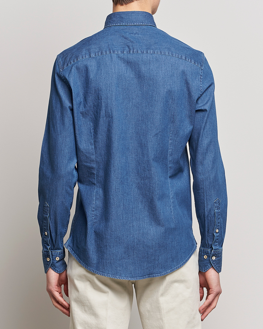Uomini | Camicie | Stenströms | Slimline Button Down Garment Washed Shirt Mid Blue Denim