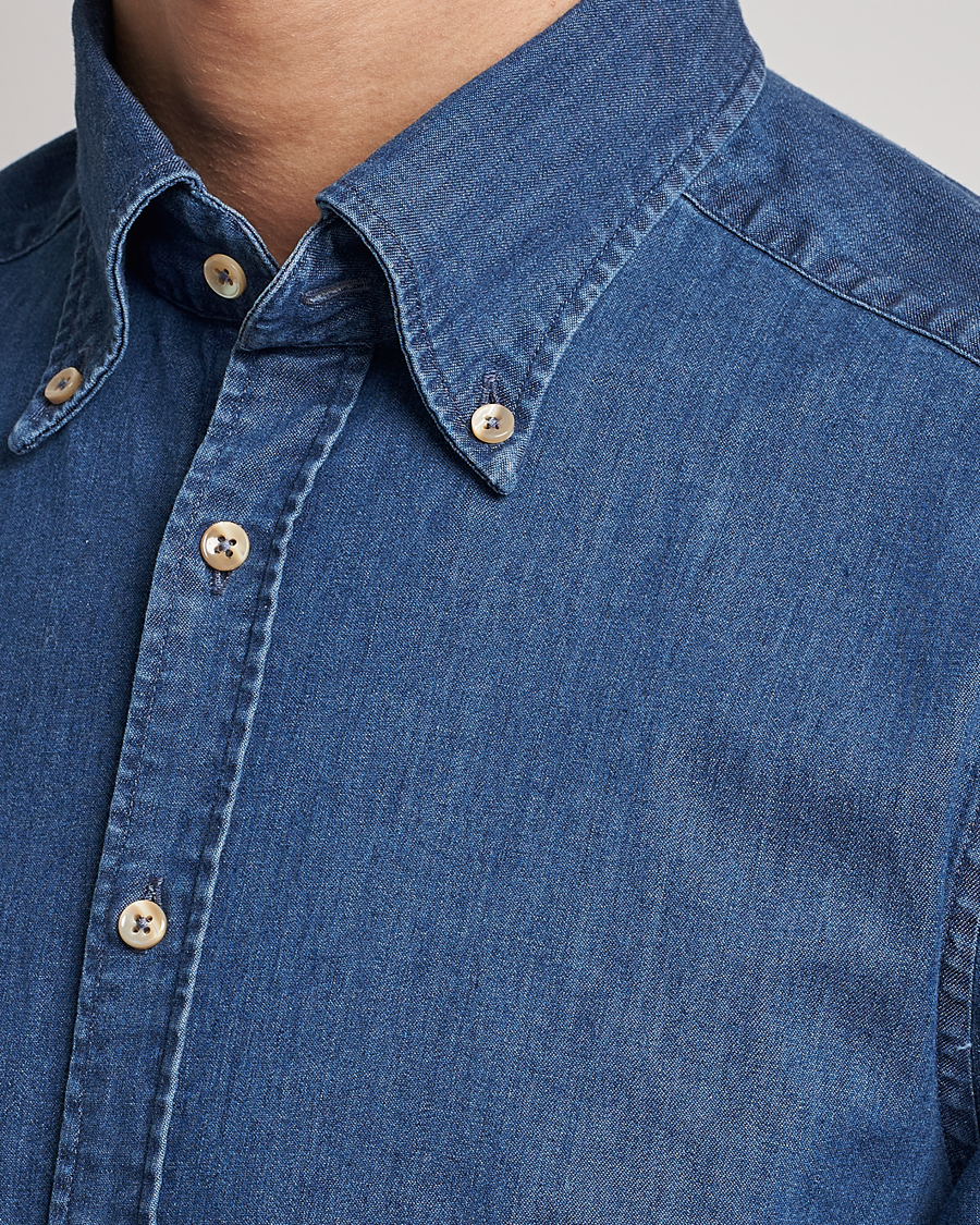 Uomini | Camicie | Stenströms | Slimline Button Down Garment Washed Shirt Mid Blue Denim