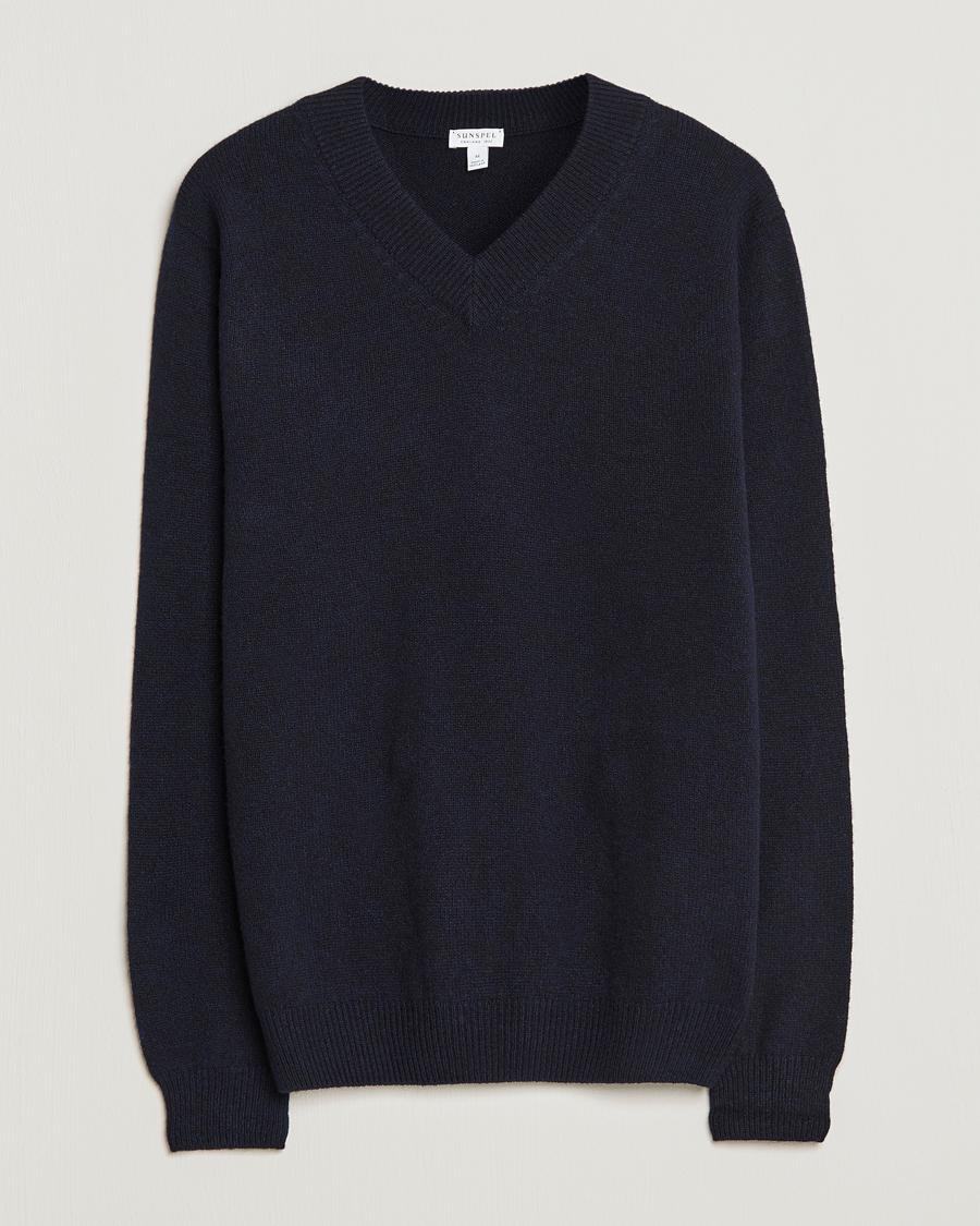 Uomini | Maglieria | Sunspel | Lambswool V-Neck Dark Navy Mouline