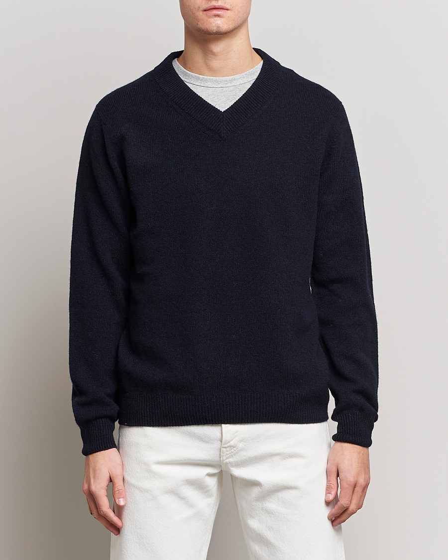 Uomini | Maglieria | Sunspel | Lambswool V-Neck Dark Navy Mouline