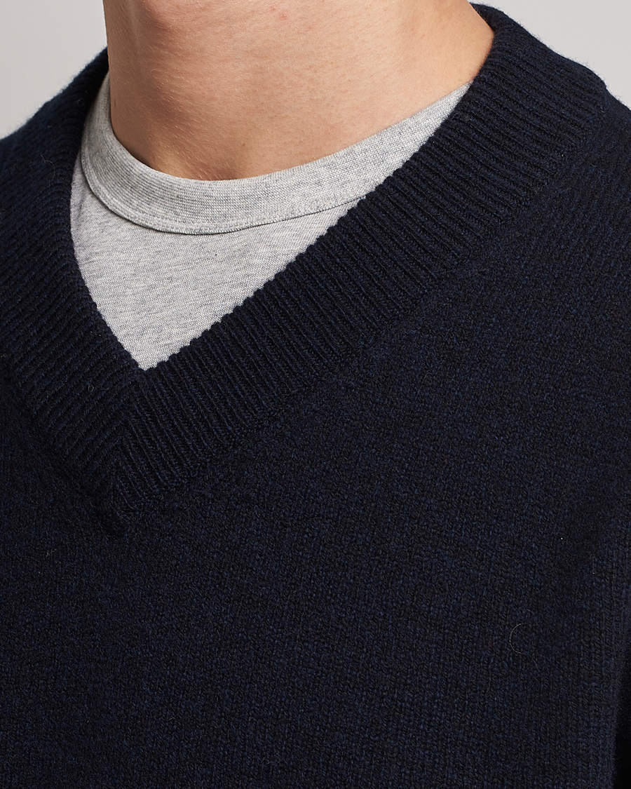 Uomini | Maglieria | Sunspel | Lambswool V-Neck Dark Navy Mouline