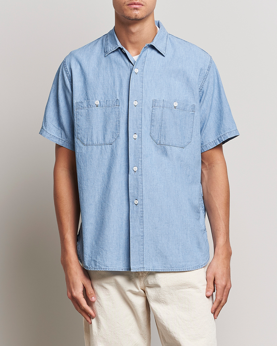 Uomini | Camicie | orSlow | Chambray Short Sleeve Work Shirt Light Blue