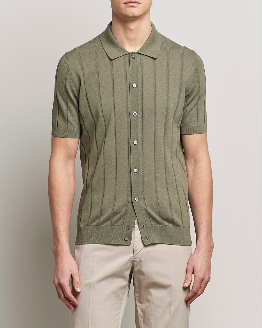 Uomini | Camicie | Lardini | Short Sleeve Knitted Cotton Crèpe Shirt Olive