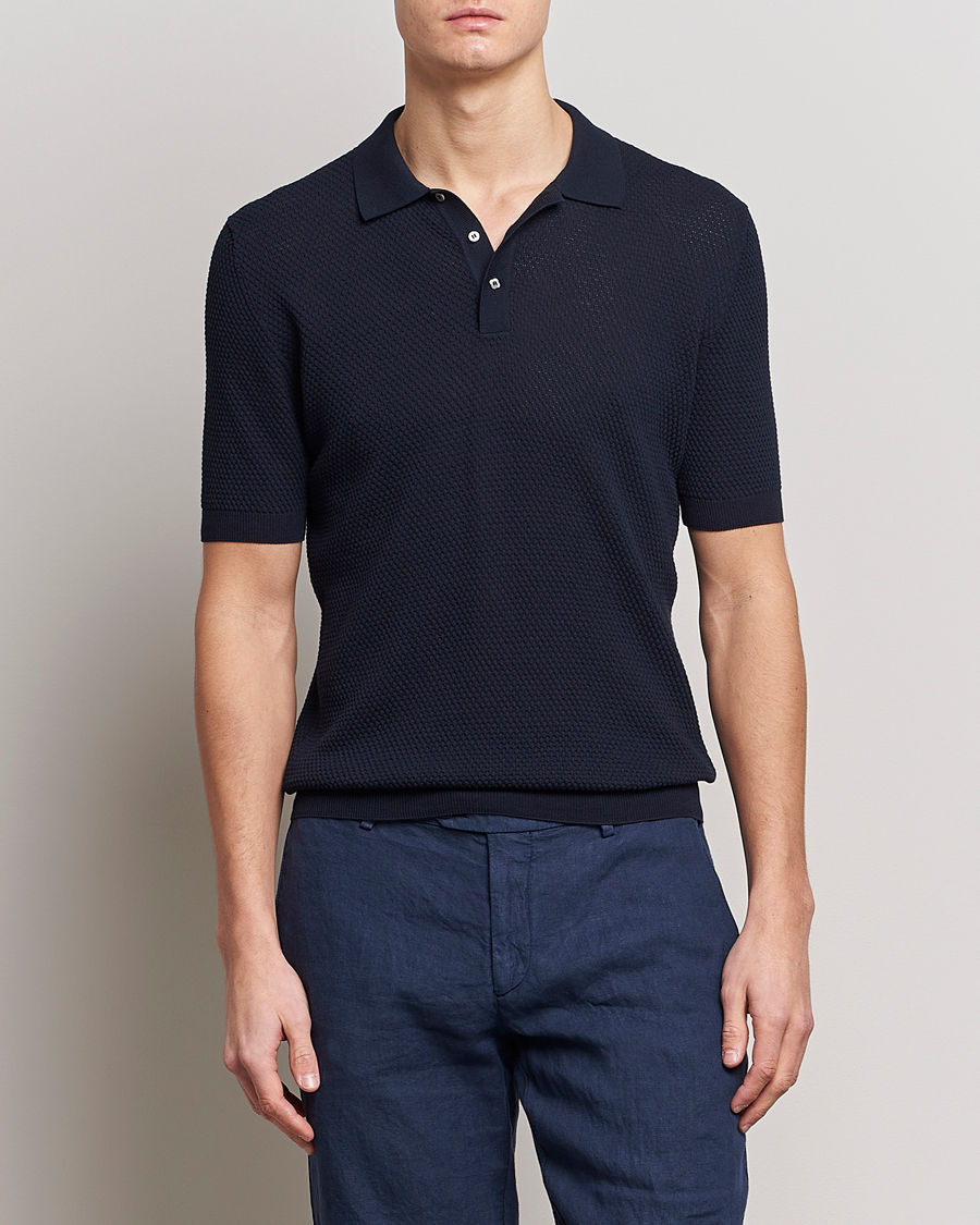Uomini | Polo | Lardini | Short Sleeve Knitted Structure Cotton Polo Navy