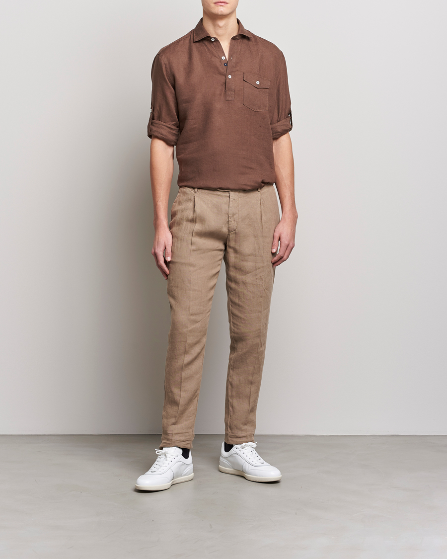 Uomini | Camicie | Lardini | Relaxed Linen Popover Shirt Brown