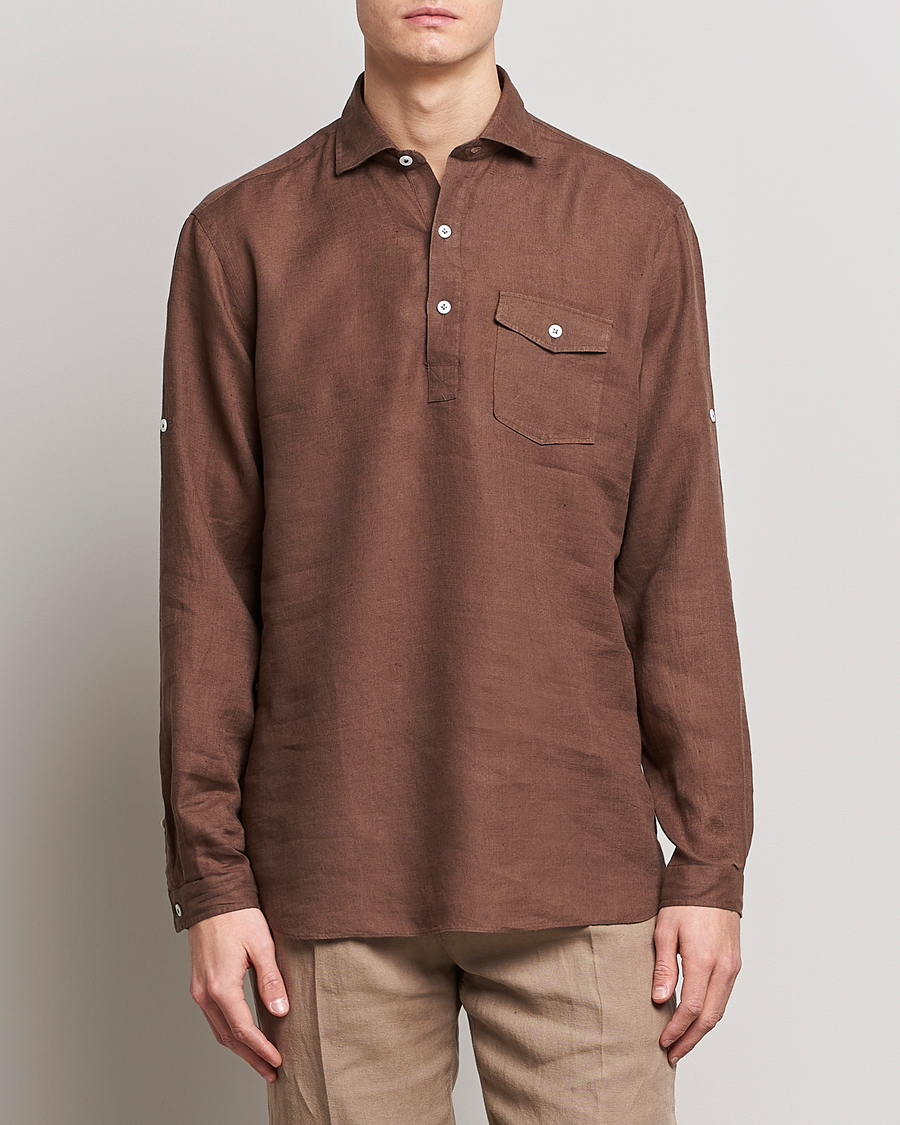Uomini | Camicie | Lardini | Relaxed Linen Popover Shirt Brown