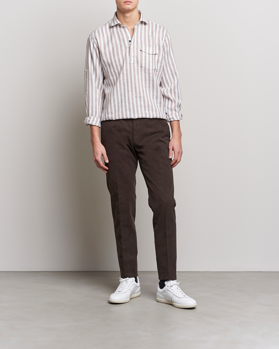 Uomini | Camicie | Lardini | Relaxed Striped Linen Popover Shirt Brown/White