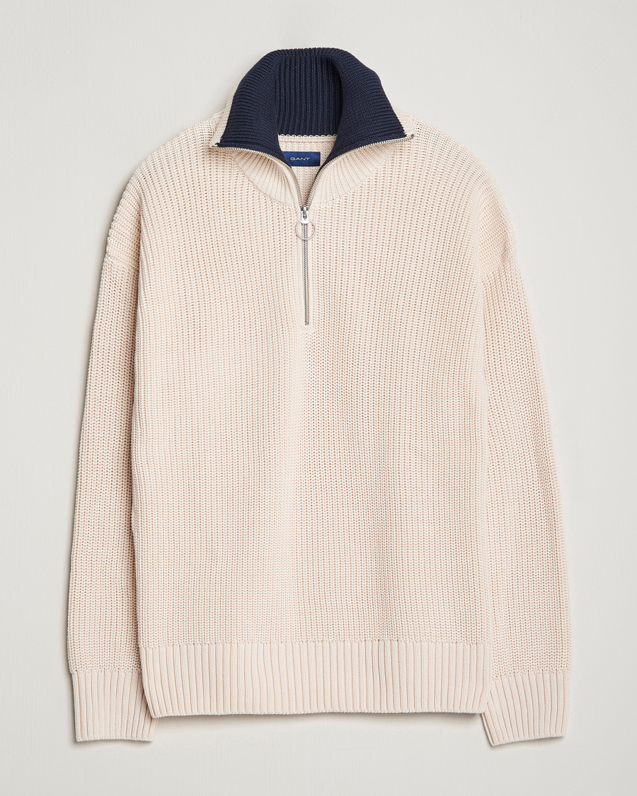 Uomini | Maglieria | GANT | Chunky Ribbed Knitted Half-Zip Linen White
