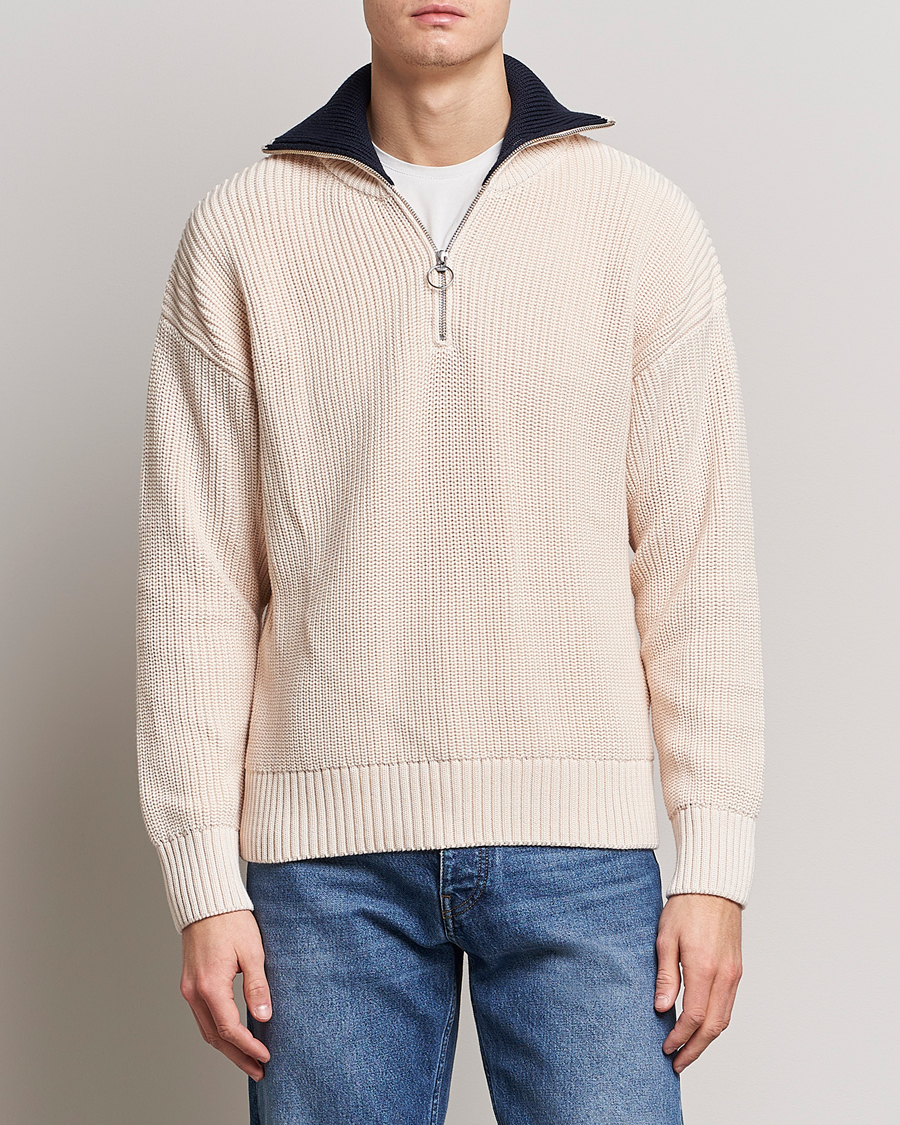 Uomini | Maglieria | GANT | Chunky Ribbed Knitted Half-Zip Linen White