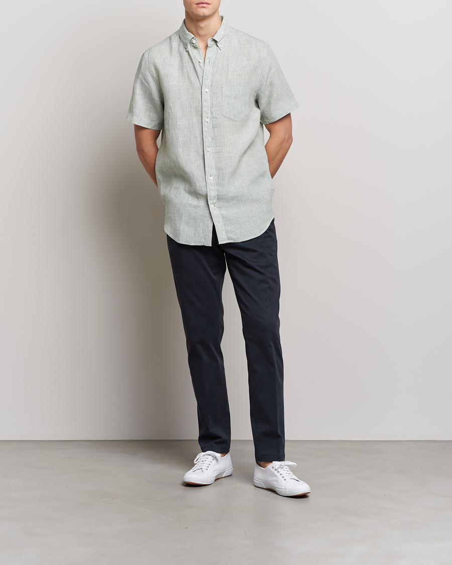Uomini | Camicie | GANT | Regular Fit Striped Linen Short Sleeve Shirt Calamata Green