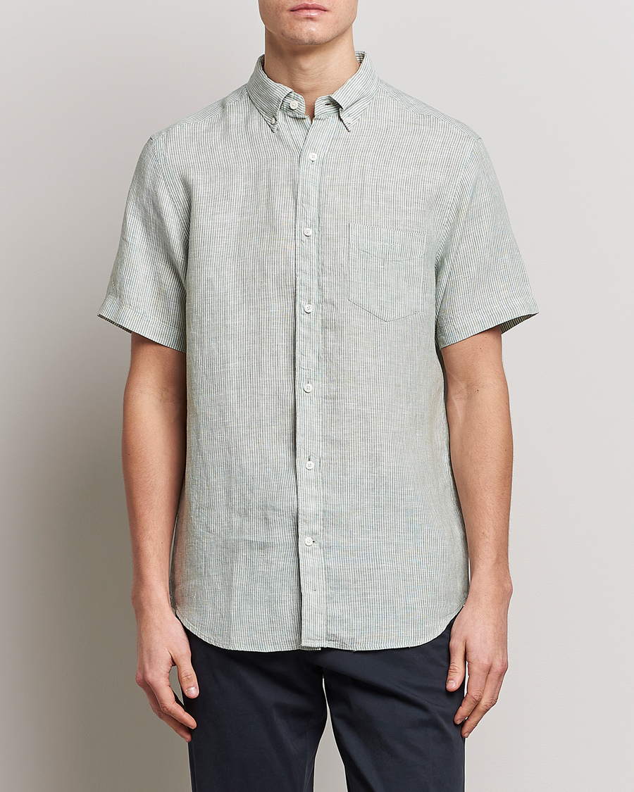 Uomini | Camicie | GANT | Regular Fit Striped Linen Short Sleeve Shirt Calamata Green
