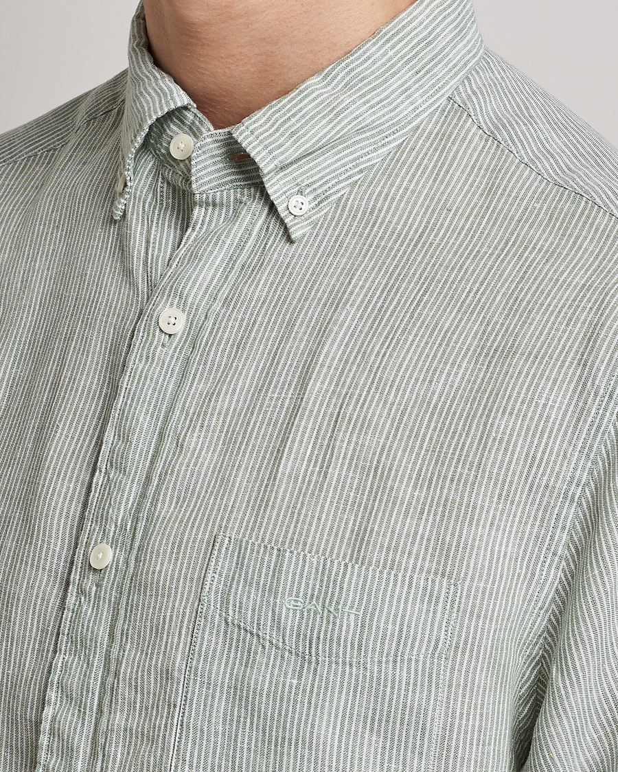 Uomini | Camicie | GANT | Regular Fit Striped Linen Short Sleeve Shirt Calamata Green