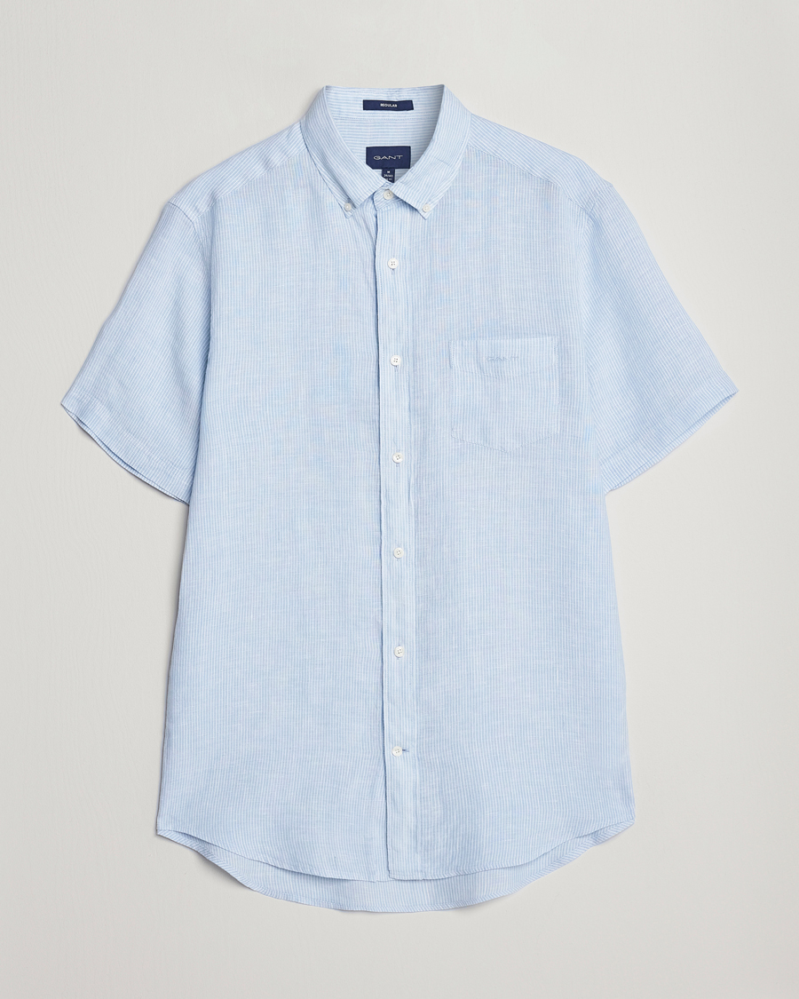Uomini | Camicie | GANT | Regular Fit Striped Linen Short Sleeve Shirt Capri Blue
