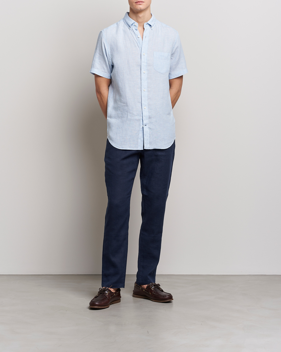 Uomini | Camicie | GANT | Regular Fit Striped Linen Short Sleeve Shirt Capri Blue