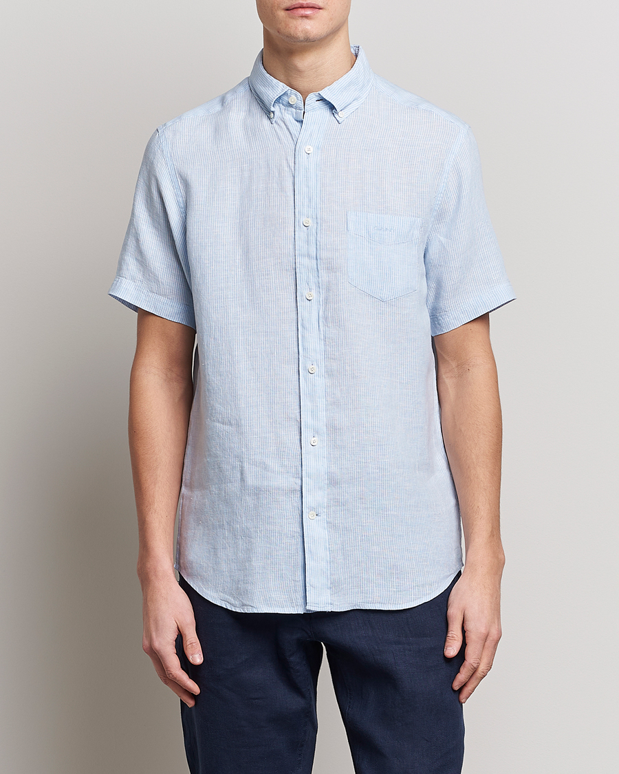 Uomini | Camicie | GANT | Regular Fit Striped Linen Short Sleeve Shirt Capri Blue