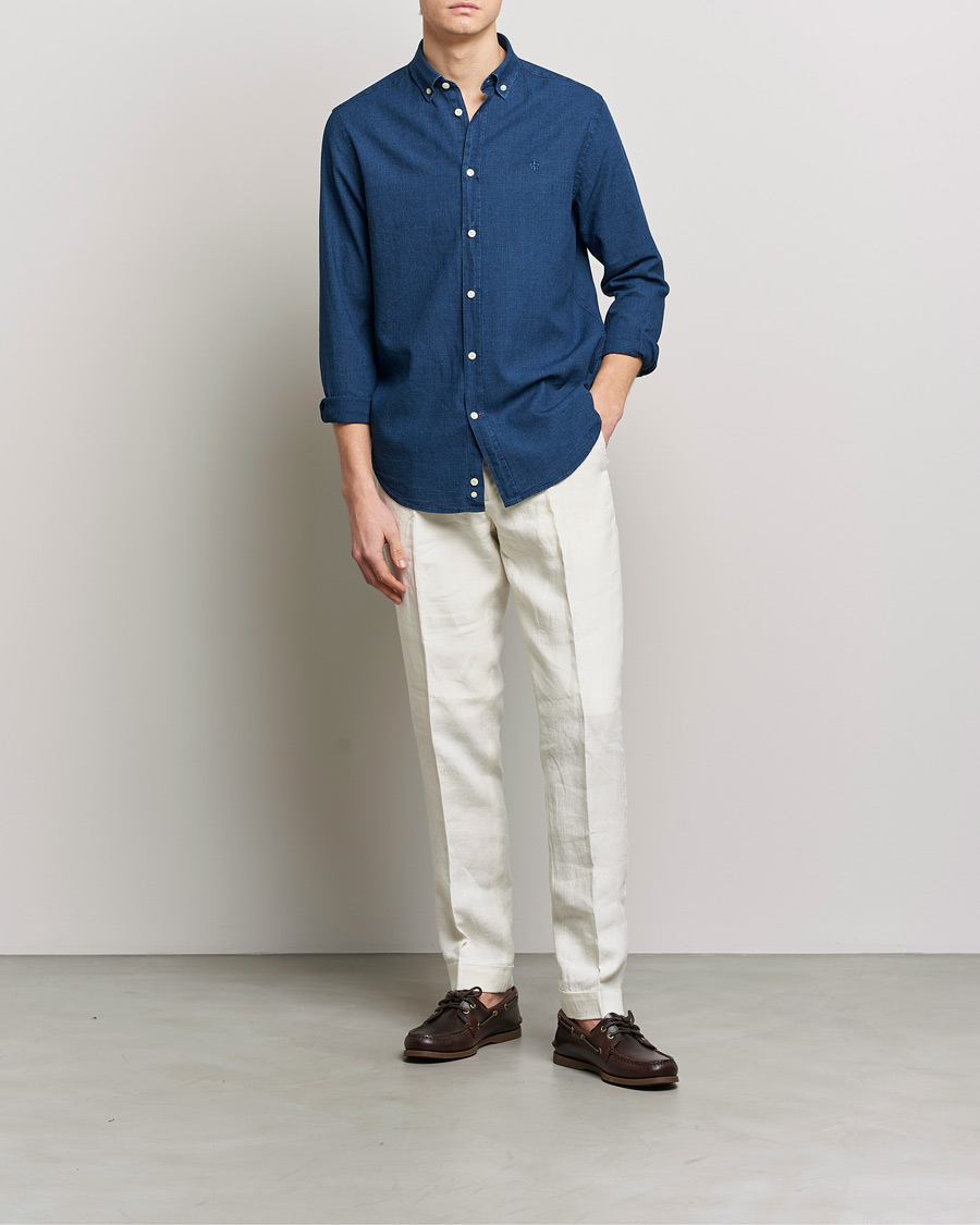 Uomini | Camicie | Morris | Cotton /Linen Indigo Button Down Shirt Dark Blue