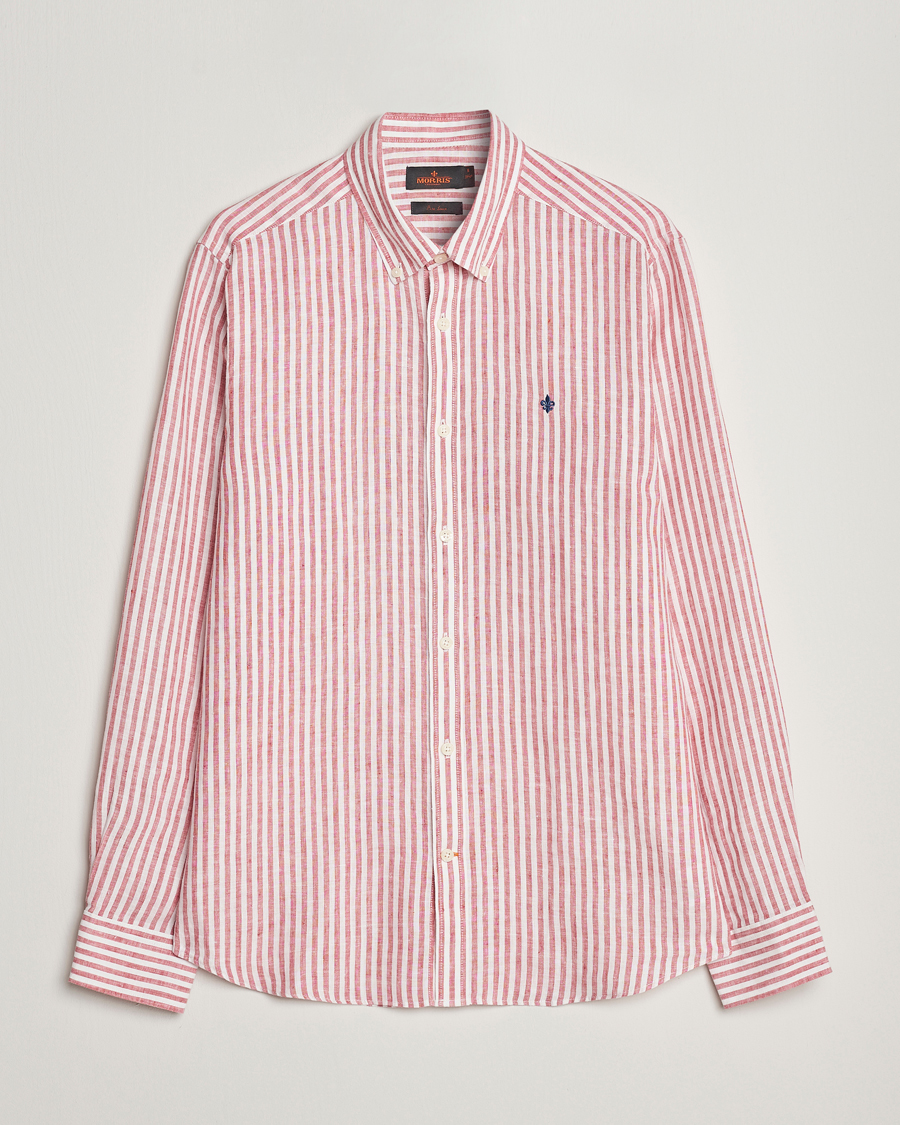 Uomini | Camicie | Morris | Douglas Linen Button Down Striped Shirt Orange/White