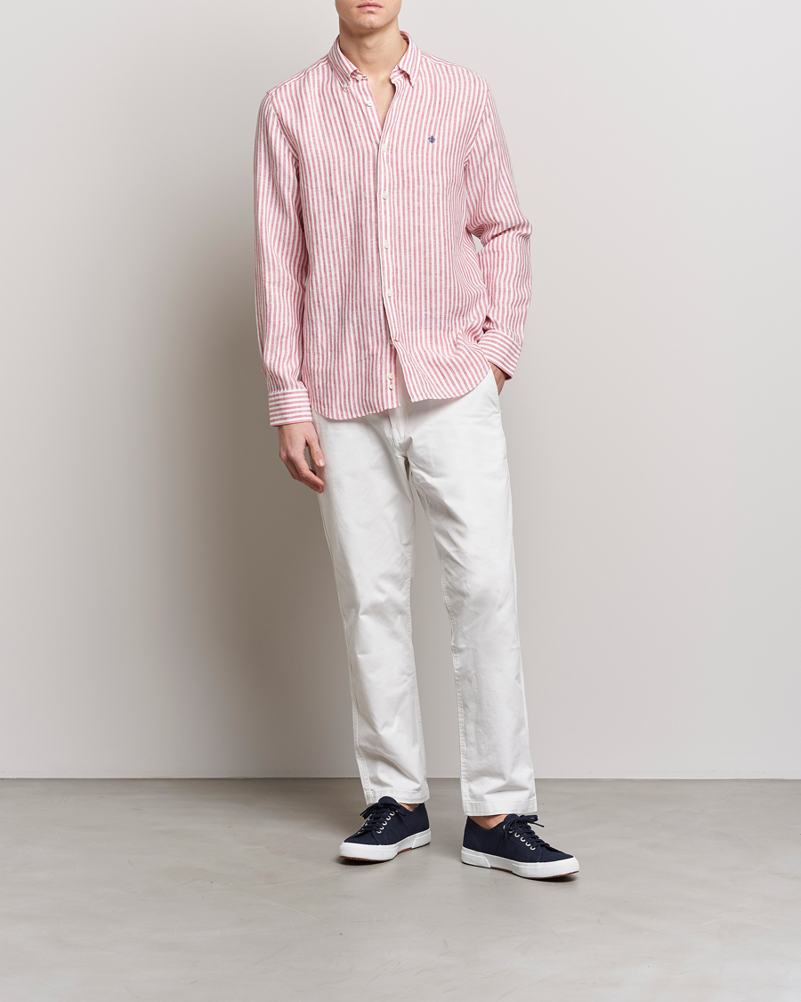 Uomini | Camicie | Morris | Douglas Linen Button Down Striped Shirt Orange/White
