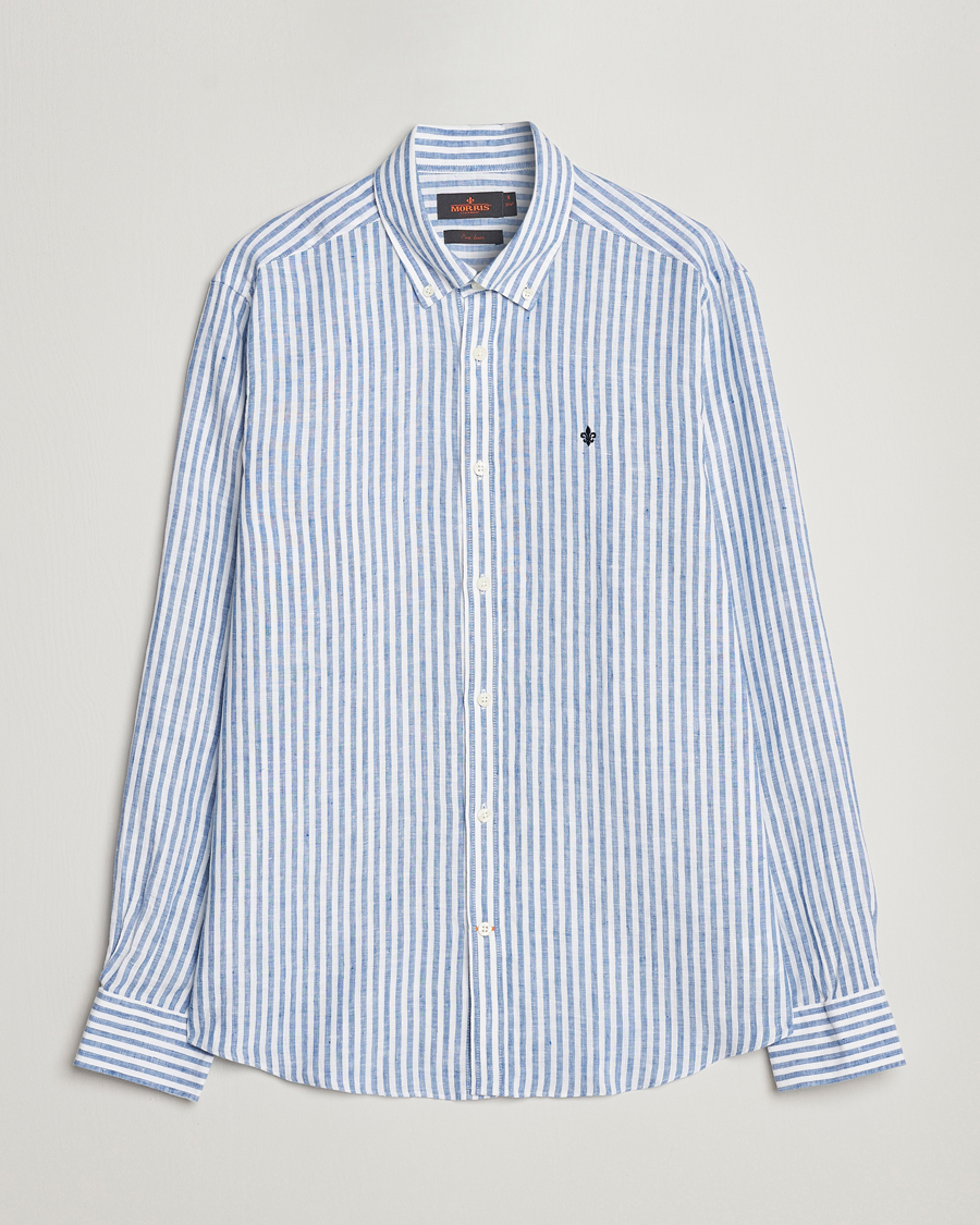 Uomini | Camicie | Morris | Douglas Linen Button Down Striped Shirt Navy/White